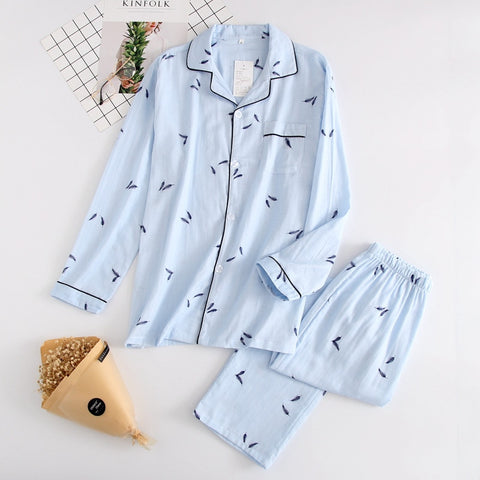 leaf pajama sets women 100% gauze cotton long sleeve casual sleepwear