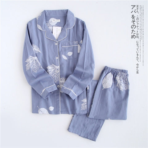 leaf pajama sets women 100% gauze cotton long sleeve casual sleepwear