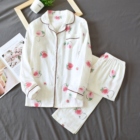 leaf pajama sets women 100% gauze cotton long sleeve casual sleepwear
