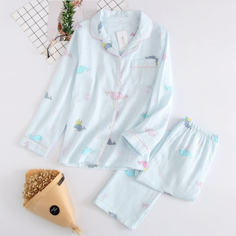 leaf pajama sets women 100% gauze cotton long sleeve casual sleepwear