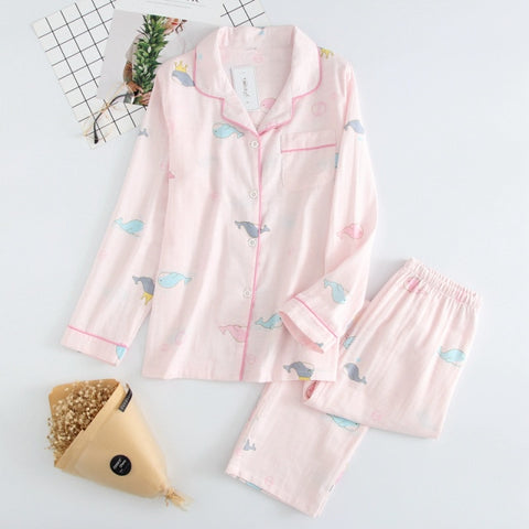 leaf pajama sets women 100% gauze cotton long sleeve casual sleepwear