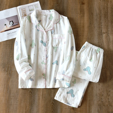 leaf pajama sets women 100% gauze cotton long sleeve casual sleepwear