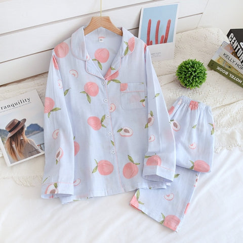 leaf pajama sets women 100% gauze cotton long sleeve casual sleepwear