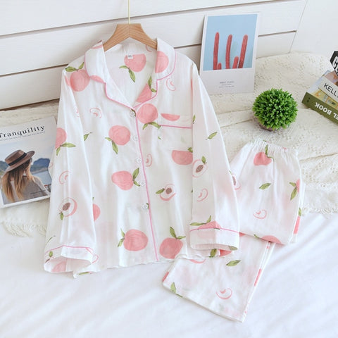 leaf pajama sets women 100% gauze cotton long sleeve casual sleepwear
