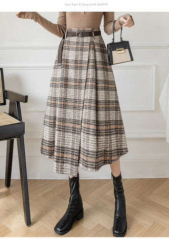 Warm Midi Long Skirt Style Irregular Plaid Mid-Length