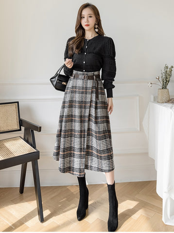 Warm Midi Long Skirt Style Irregular Plaid Mid-Length