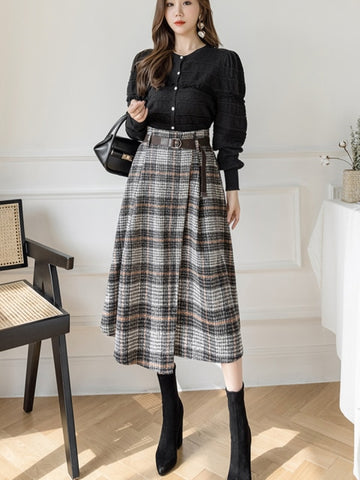 Warm Midi Long Skirt Style Irregular Plaid Mid-Length