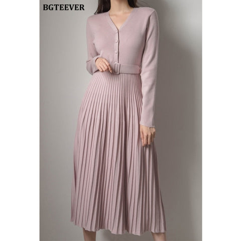 Thicken Sweater Dress Autumn Winter Knitted Belted Female