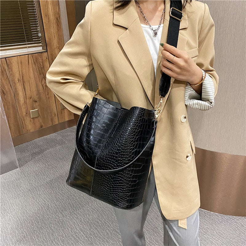 Fashion Women'S Shoulder Bucket Bag Crocodile Pattern Bags