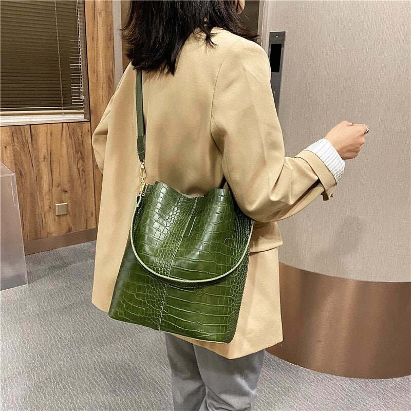 Fashion Women'S Shoulder Bucket Bag Crocodile Pattern Bags