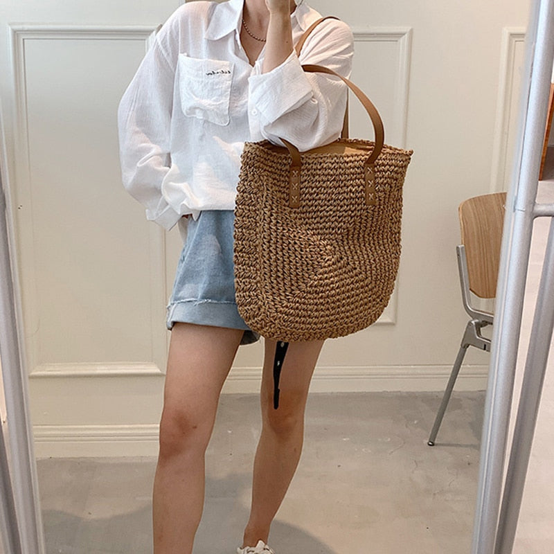 Vintage Straw Woven Shoulder Shopping Bag Casual Totes Ladies ...