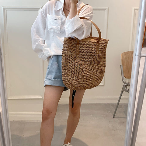 Vintage Straw Woven Shoulder Shopping Bag Casual Totes Ladies