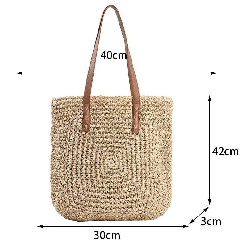 Vintage Straw Woven Shoulder Shopping Bag Casual Totes Ladies