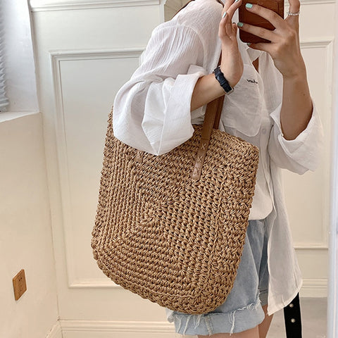 Vintage Straw Woven Shoulder Shopping Bag Casual Totes Ladies