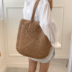 Vintage Straw Woven Shoulder Shopping Bag Casual Totes Ladies