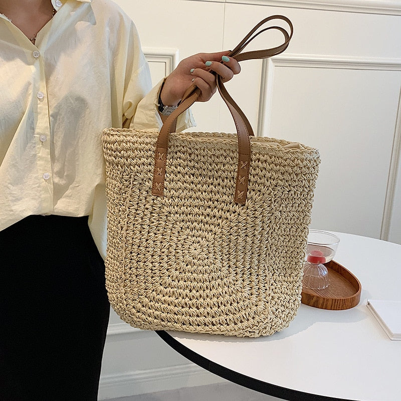 Vintage Straw Woven Shoulder Shopping Bag Casual Totes Ladies ...