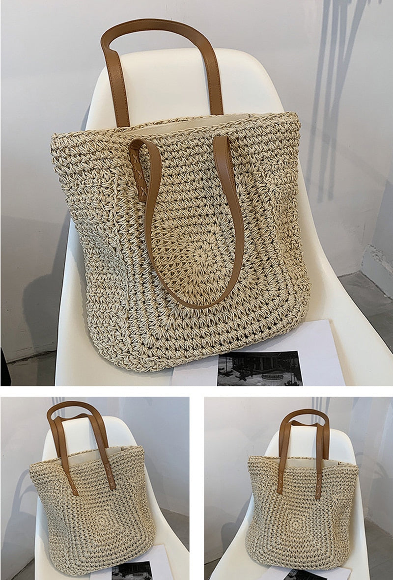 Vintage Straw Woven Shoulder Shopping Bag Casual Totes Ladies