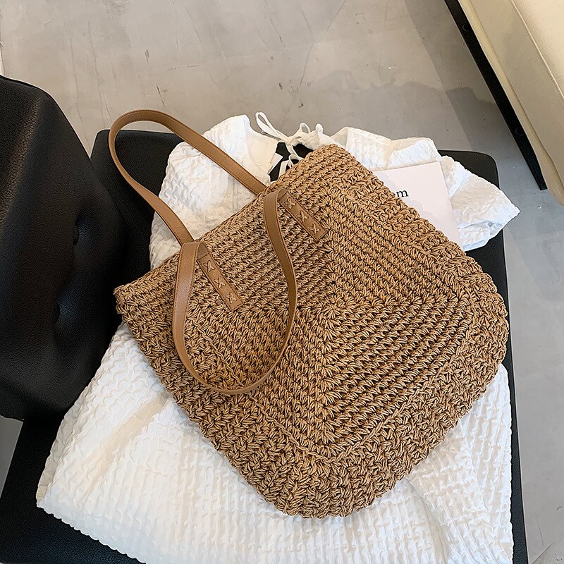 Vintage Straw Woven Shoulder Shopping Bag Casual Totes Ladies