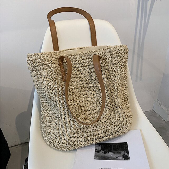 Vintage Straw Woven Shoulder Shopping Bag Casual Totes Ladies ...