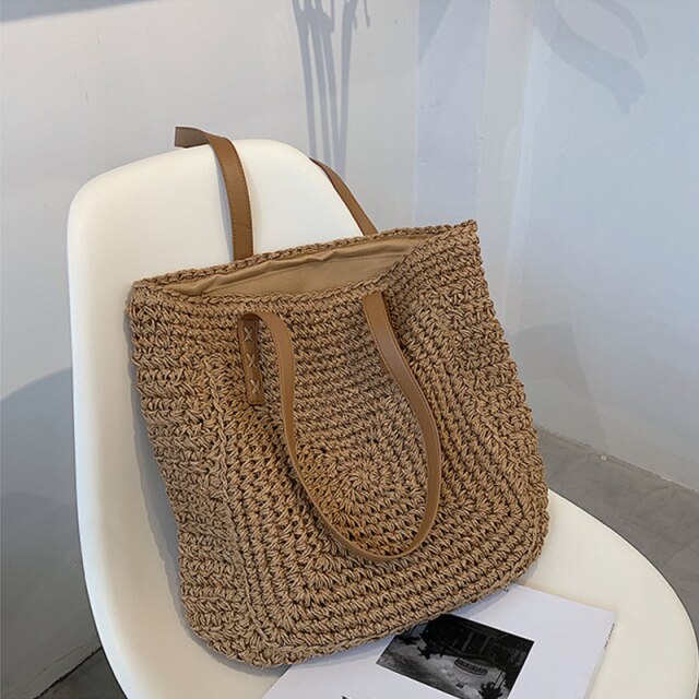 Vintage Straw Woven Shoulder Shopping Bag Casual Totes Ladies