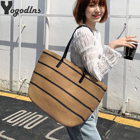 Straw Woven Stripe Basket Bag Large Capacity Hand-Woven Handbags