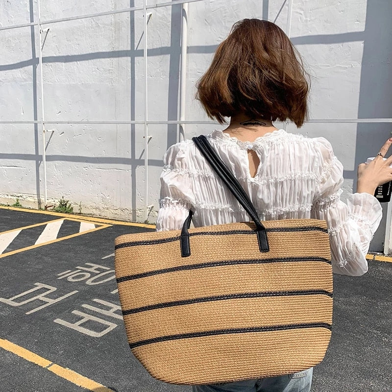 Straw Woven Stripe Basket Bag Large Capacity Hand-Woven Handbags