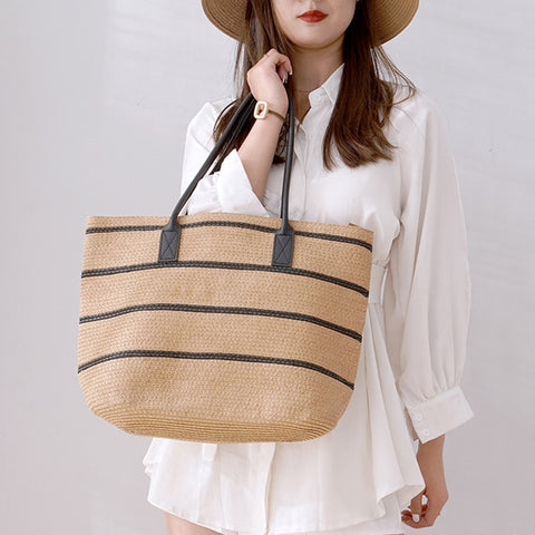 Straw Woven Stripe Basket Bag Large Capacity Hand-Woven Handbags