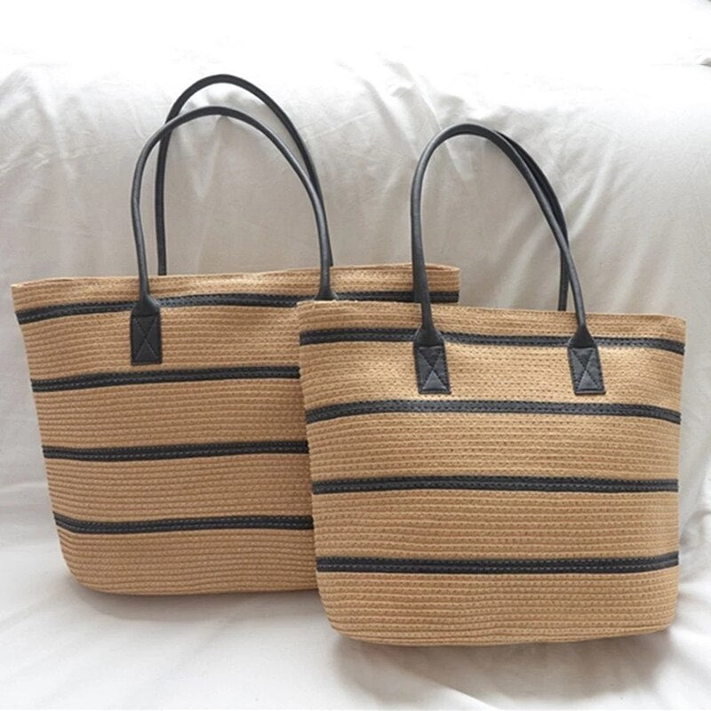 Straw Woven Stripe Basket Bag Large Capacity Hand-Woven Handbags