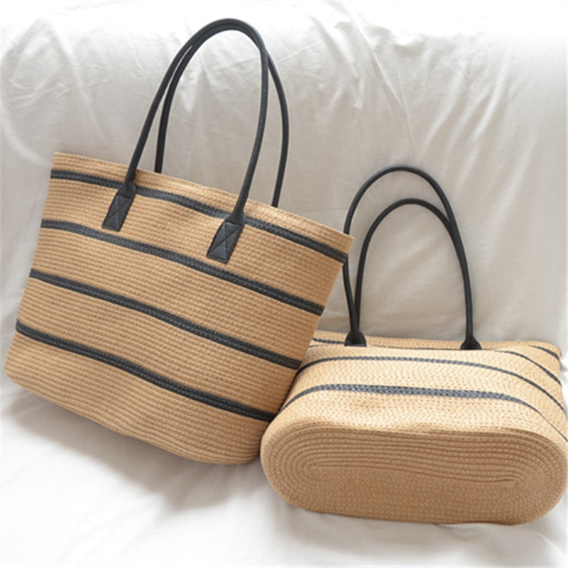 Straw Woven Stripe Basket Bag Large Capacity Hand-Woven Handbags