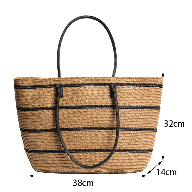 Straw Woven Stripe Basket Bag Large Capacity Hand-Woven Handbags