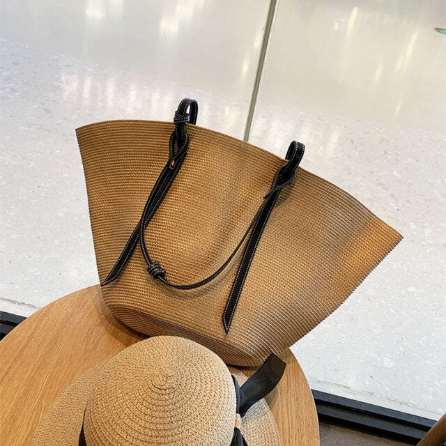 Straw Woven Stripe Basket Bag Large Capacity Hand-Woven Handbags