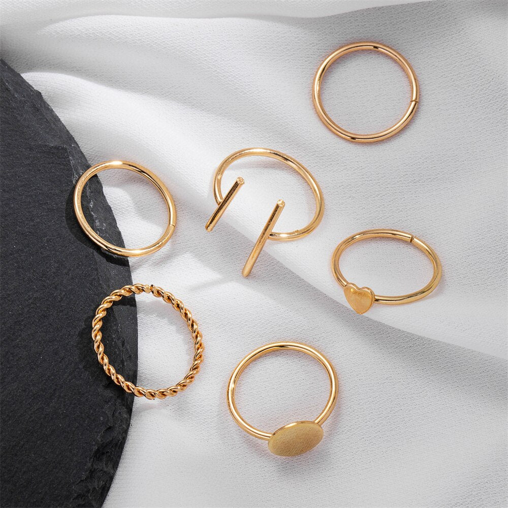 Vintage Gold Love Heart Geometric Midi Joint Ring Set Minimalist Jewelry