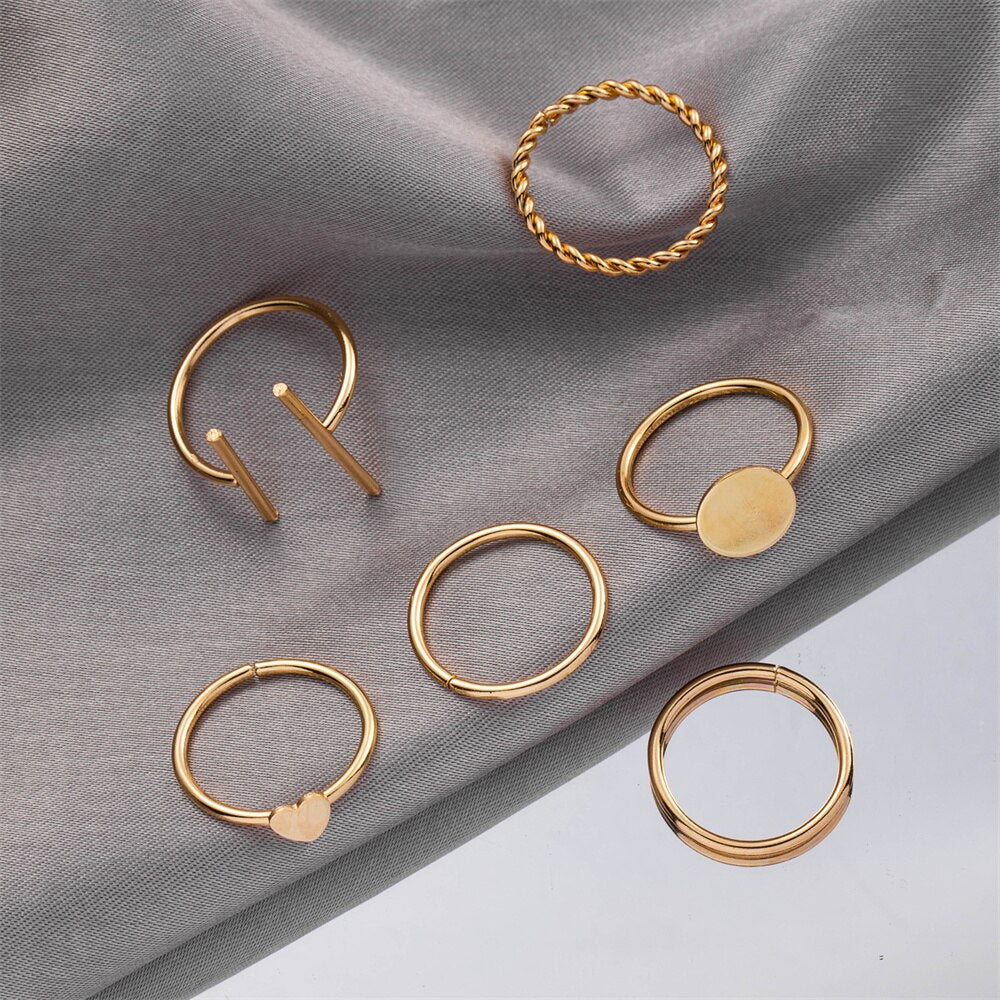 Vintage Gold Love Heart Geometric Midi Joint Ring Set Minimalist Jewelry