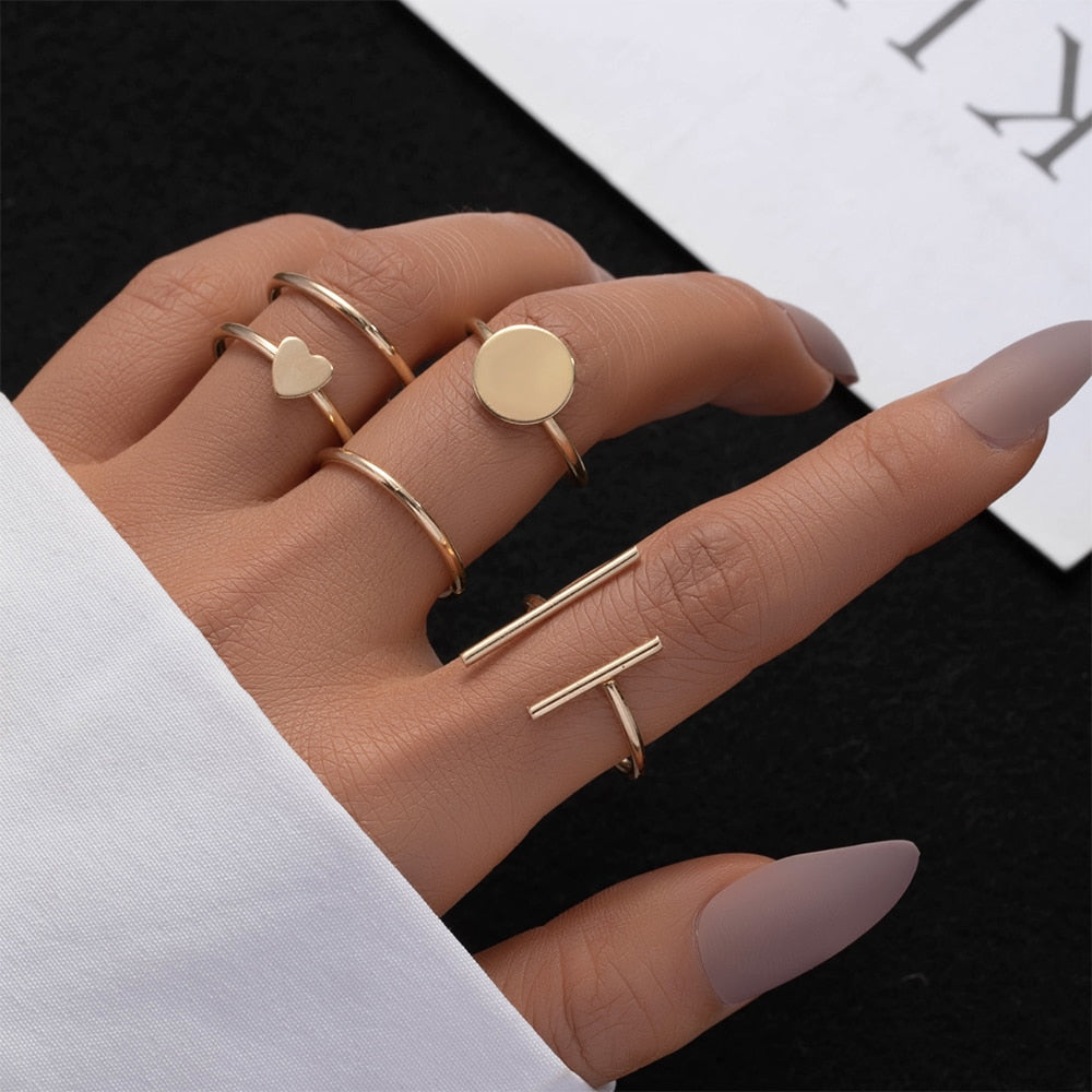 Vintage Gold Love Heart Geometric Midi Joint Ring Set Minimalist Jewelry