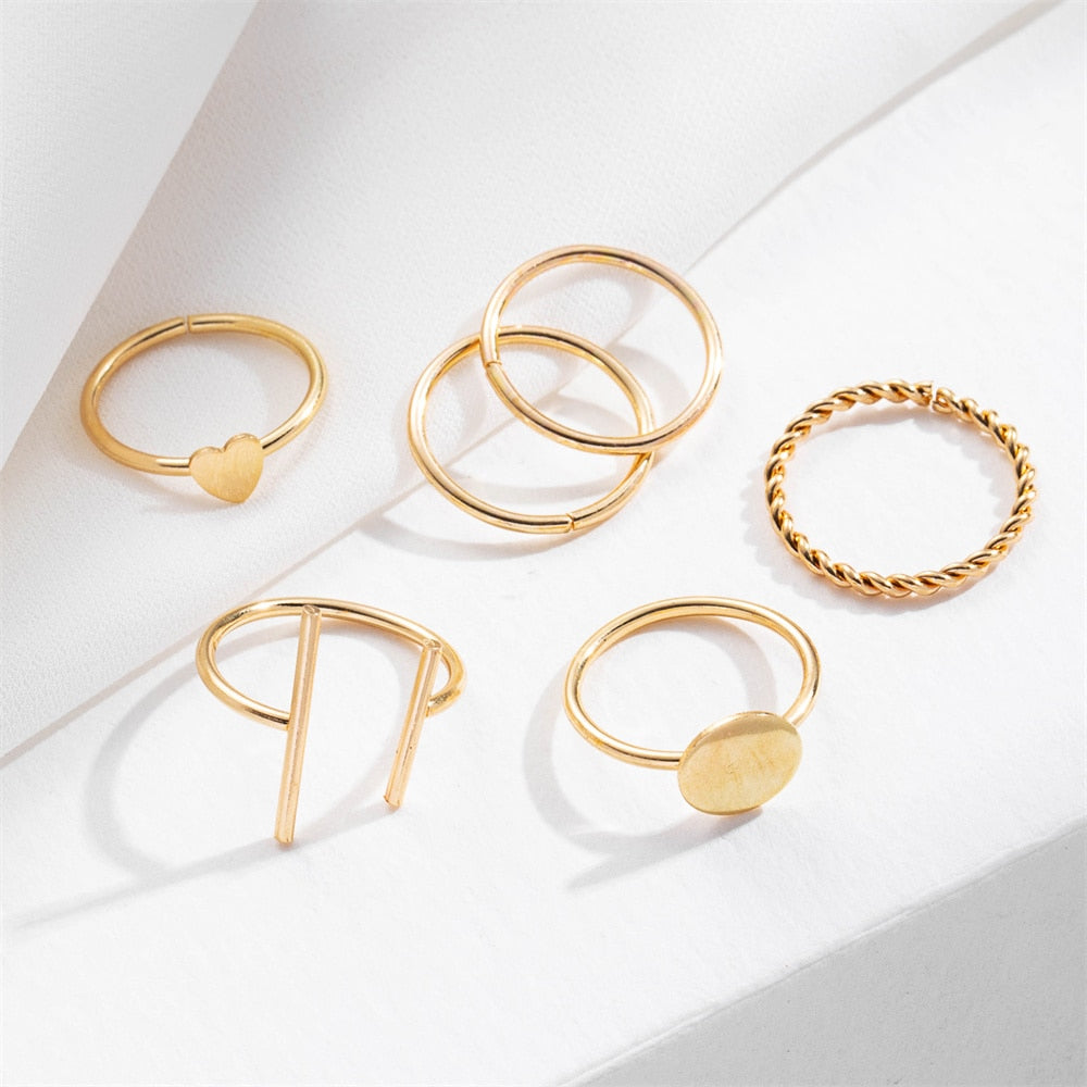 Vintage Gold Love Heart Geometric Midi Joint Ring Set Minimalist Jewelry