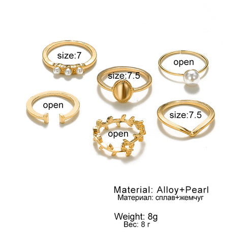 Bohemian Gold Pearl Leaf Joint Ring Set