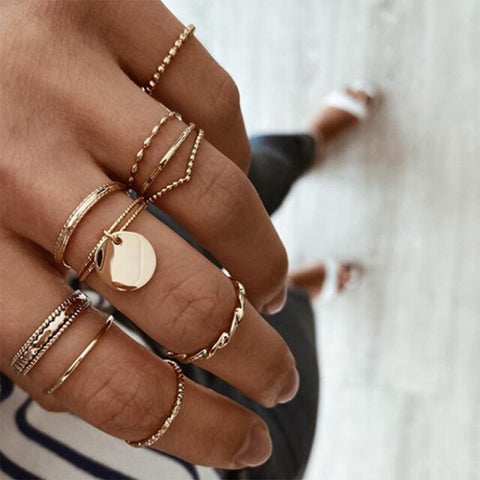 Bohemian Gold Pearl Leaf Joint Ring Set