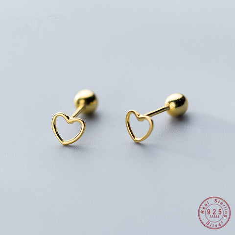 Sterling Silver Jewelry Cute Small Simple Hollow Love Heart Stud Earrings