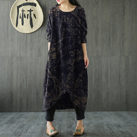 Long Sleeve Irregular Hem Loose Solid Midi Dress Vintage Vestido Casual