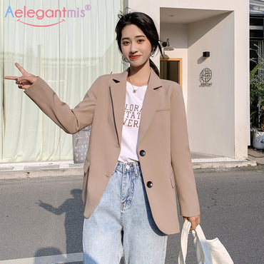 Chic Solid Color Women Casual Blazer Jacket Office Lady Pockets Work Suit