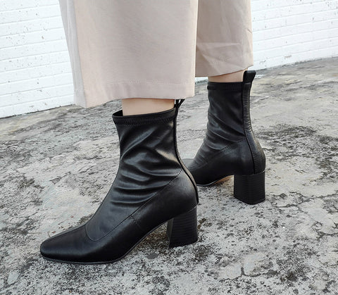 Ankle Boots For Women Soft PU Leather Female Square Heels Elastic Boots