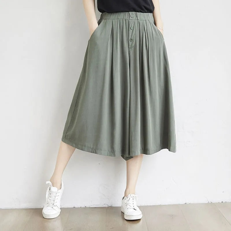 Women Culottes Summer Plus size Loose Wide Leg Pants High waist Cotton Skirts