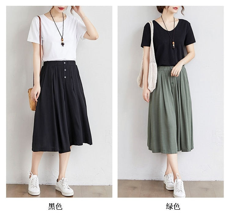 Women Culottes Summer Plus size Loose Wide Leg Pants High waist Cotton Skirts