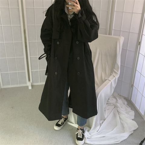 Vintage Loose Trench Coat Women Casual Long Outerwear with Belt