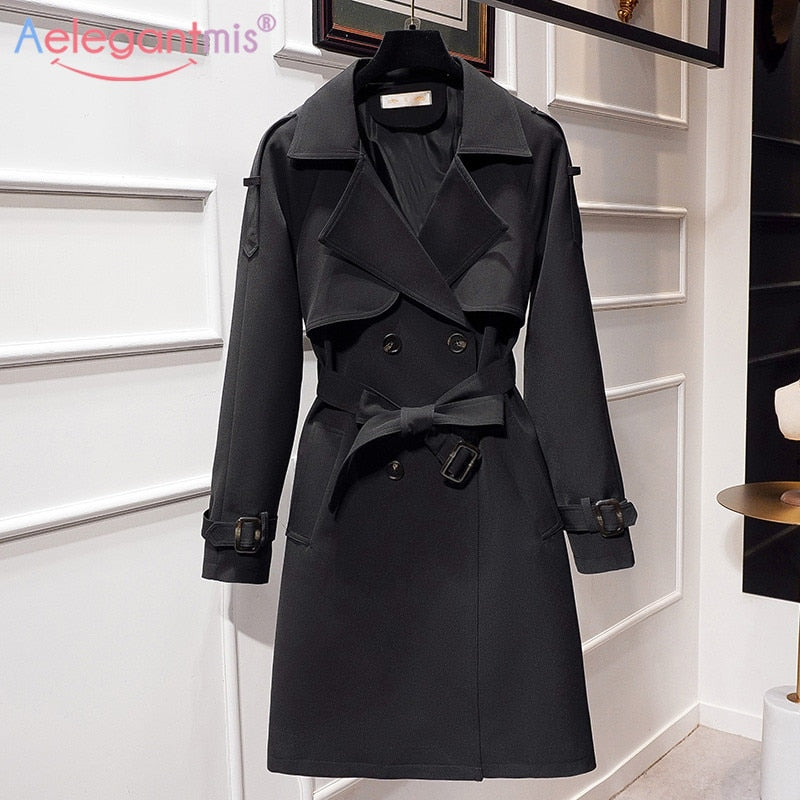 Casual Double Breasted Long Trench Coat Fashion Belt Office Lady