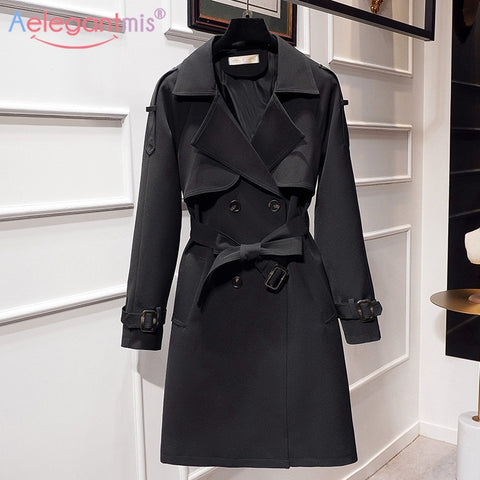 Casual Double Breasted Long Trench Coat Fashion Belt Office Lady