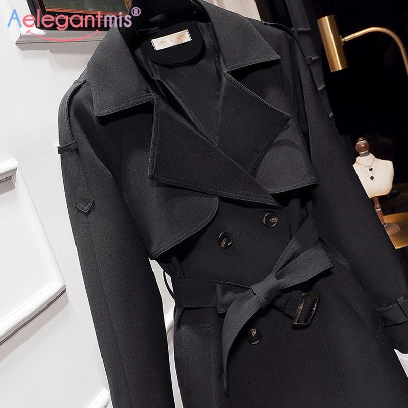 Casual Double Breasted Long Trench Coat Fashion Belt Office Lady