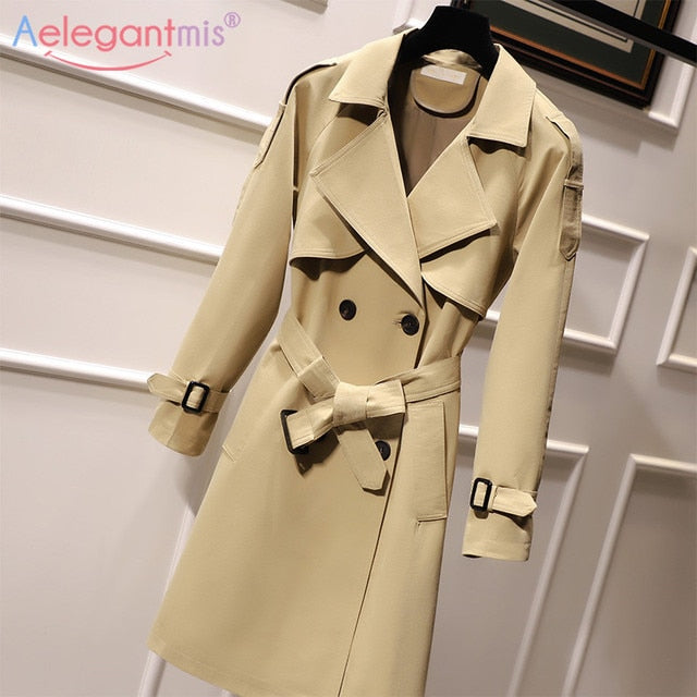 Casual Double Breasted Long Trench Coat Fashion Belt Office Lady