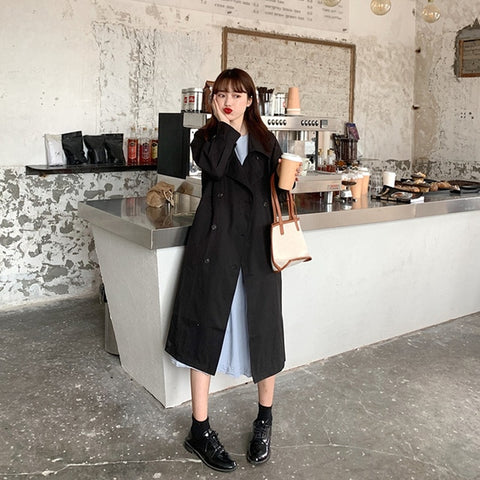Winter Oversized Long Trench Coat for Sashes Windbreaker Outerwear