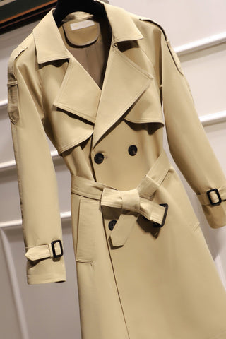 Casual Double Breasted Long Trench Coat Fashion Belt Office Lady